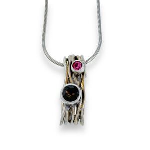 Italy Baroni Sterling Silver Smoky Quartz Pink Crystal Necklace 16"-18"